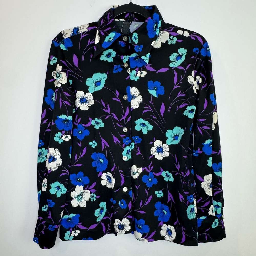 Vintage vibrant Floral Black Blue 70's dagger collar Shirt - Picture 2 of 9